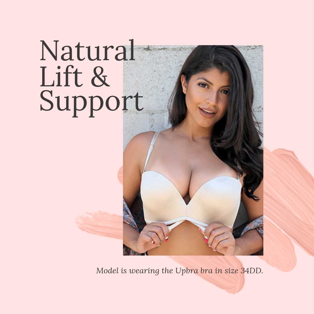 A model who wears size 34D demonstrates getting amazing lift by wearing an Upbra bra